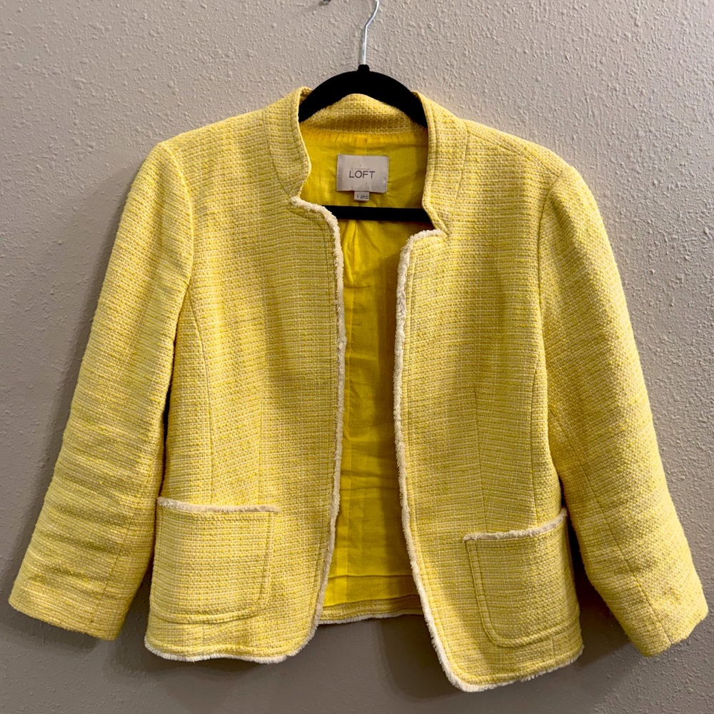 Lemon yellow and off white white tweed blazer from Ann Taylor Loft. Size small.